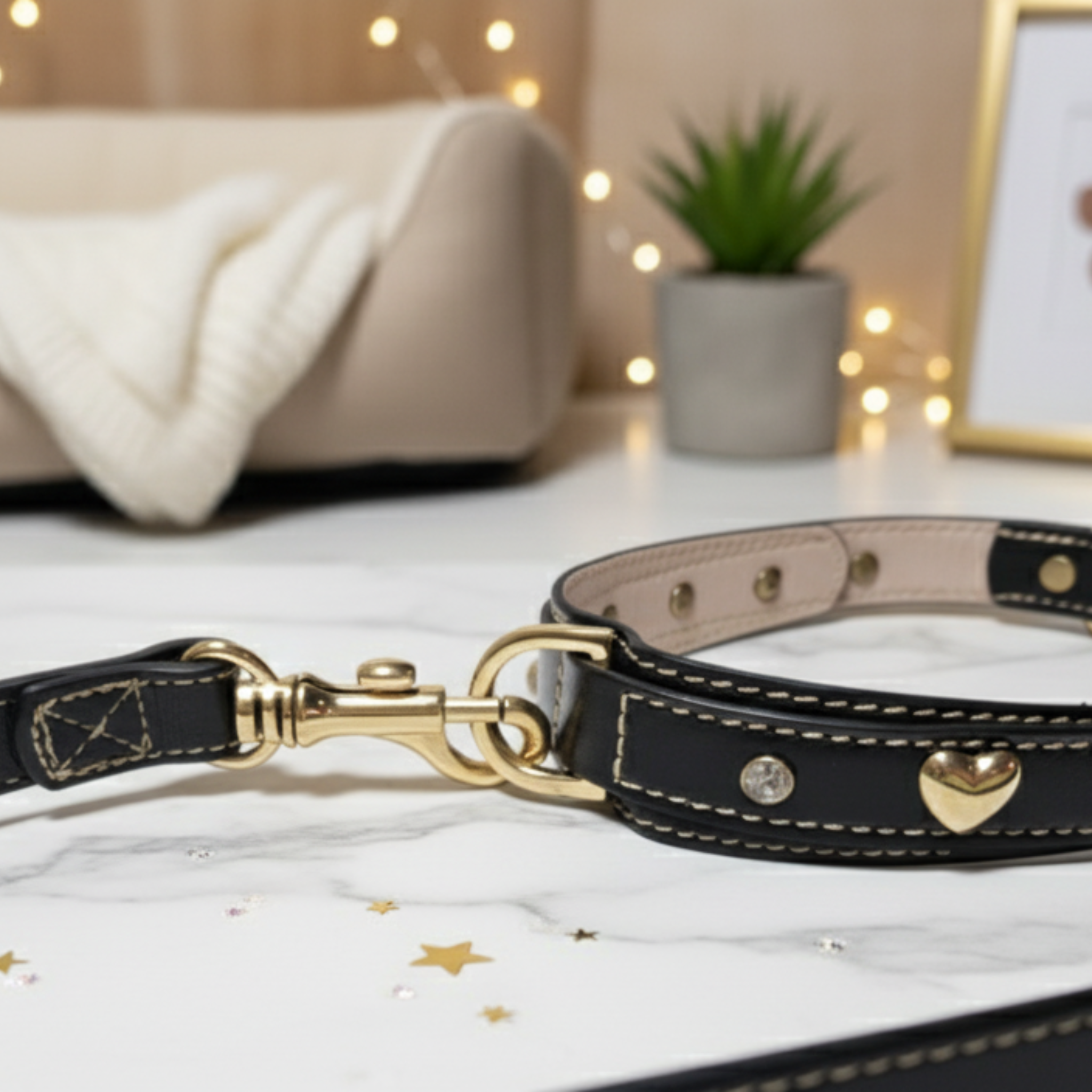 Set Collare con Cristalli e Guinzaglio in Pelle per Cani